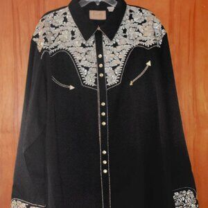 Vintage 1990s Scully Black Western Shirt Front Snaps Metallic Silver Embroidery